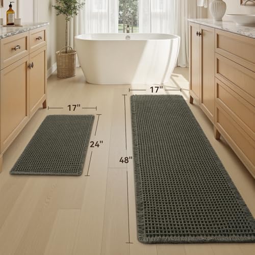 Upgraded Waffle Bath Mat Set of 2 Absorbent Bathroom Mat 17"x24" + 17"x48" - Image 2