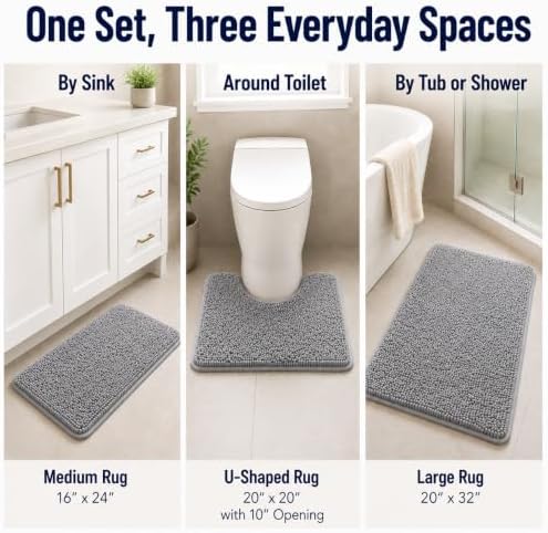 RUN HELIX 3 Piece Bathroom Rug Set Non Slip 3 Piece Bath Rug Set Ultra Soft Bath Rug,Absorbent Shaggy Bath Mat,Perfect Plush Bathroom Mats Sets with U-Shaped Toilet Mat - Image 5