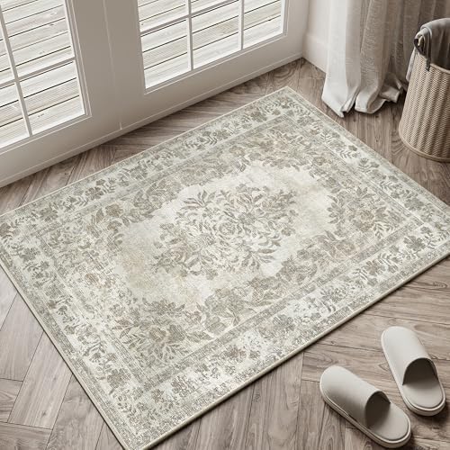 PureCozy 2x3 Washable Area Rug Entryway Cream Beige Vintage Doormat by PureCozy