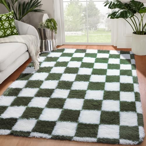 KICMOR Area Rugs for Bedroom Living Room, 4x6 Soft Fluffy Olive Green and White Checkered Shag Rug Fuzzy Shaggy Plush Bedside Carpet, Non-Slip Indoor Floor Rug for Boys Girls Room Nursery Home Decor by KICMOR