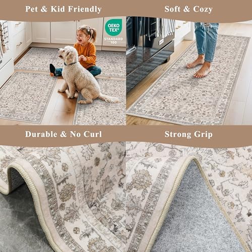 3x4 Entryway Rug Washable Non-Slip–Boho Floral Stain-Resistant Small Area Rug for Kitchen Bedroom Bathroom – Soft Low-Pile Thin Indoor Door Mat (Beige,3x4) - Image 4
