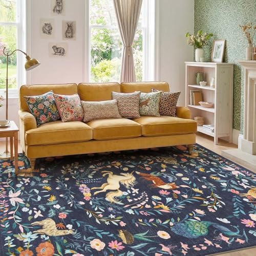 jinchan 8x10 Kids Rug Washable Playroom Rug Whimsical Unicorn, Navy Blue - Image 5