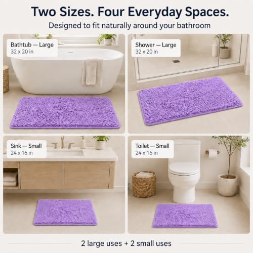 Chenille Bath Mats Set 2 Piece Non-Slip Luxury Bath Runner Rugs Extra Soft Absorbent Shaggy Washable Dry Plush Area Carpet Mats - Lavender - Image 4