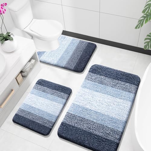 OLANLY Microfiber Bathroom Rugs Sets 3 Piece, Absorbent Bath Mat, Dark Blue by OLANLY