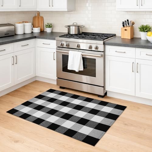 KILOCOCO Buffalo Plaid Checkered Rug 27.5x43 in Black White Front Door Rug - Image 5