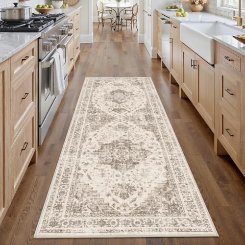 2.6x8 Washable Kitchen Runner Rug Soft Medallion Taupe Throw Carpet by HOME