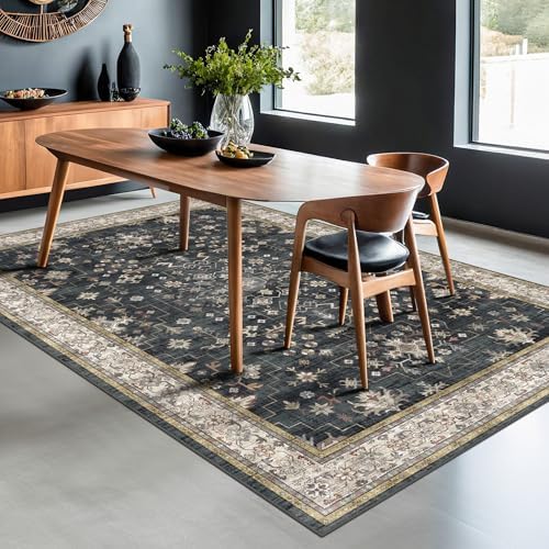 Boho Dining Room Rugs for Under Table - 6x9 Washable Black Area Rug For Living Room, Low Pile Non-Slip Rugs for Bedroom, Office - Charming Farmhouse Decor & Stain Resistance (6x9 Black/Multi) - Image 6
