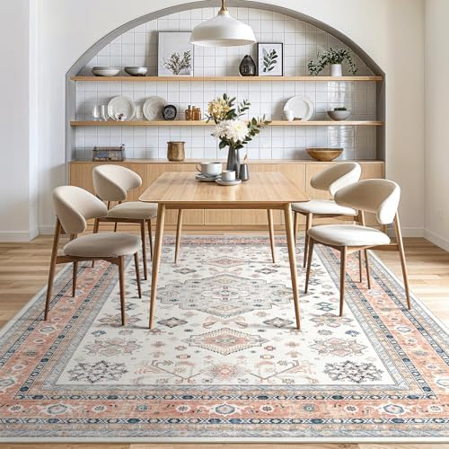 cotiled 9x12 Area Rug for Living Room, Washable, Traditional, Coral Pink - Image 7