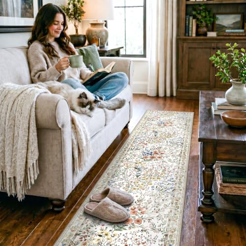 Washable Hallway Runner Rug 2x8: Vintage Floral Rug for High Traffic Hallways - Machine Washable Non Slip Low Pile Carpet - Soft Foldable Runner for Family Entryways - 2'x8' Beige - Image 4