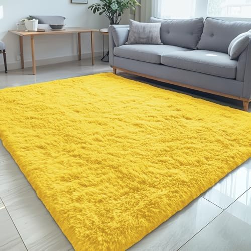 OLANLY 5x7 Machine Washable Large Area Rugs for Living Room, Bedroom, Soft Fluffy Shaggy Bedside Rug, Indoor Floor Carpet for Kids Girls and Boys, Dorms, Nursery, Home Decor Aesthetic, Yellow by OLANLY
