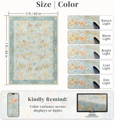 5x7 Living Room Rug, Non-Slip Floral Vintage Washable Area Rug for Bedroom - Image 2