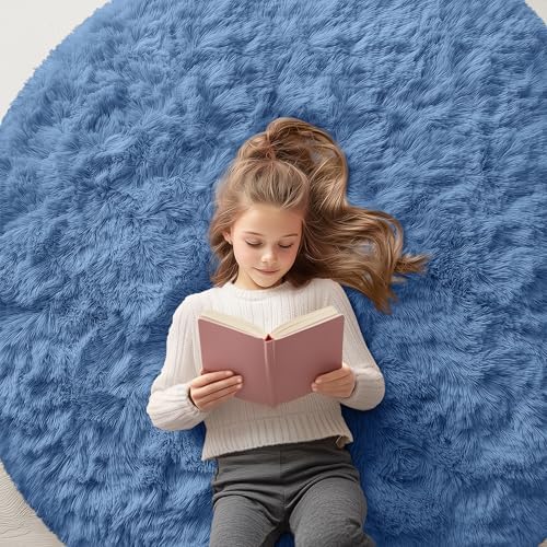 OLANLY Blue Round Rugs for Bedroom - Machine Washable, 5 ft Circle Area Rugs for Living Room, Soft and Fluffy Shaggy Carpet for Teen Girl and Boys, Nursery Rooms, Dorms, Home Decor Aesthetic by OLANLY