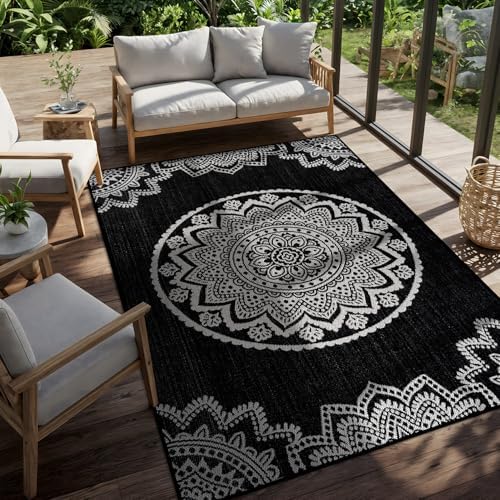 CAMILSON Outdoor Rug 8x10 Modern Area Rugs for Indoor and Outdoor Patios and Porches - Waterproof Washable Non-Shedding Easy-to-Clean Outside Carpet (8 x 10 Medallion - Black/White) - Image 6