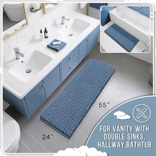 Yimobra Bathroom Runner Rug 55x24 Inch - Extra Long Non Slip Chenille Bath Mat, Soft & Absorbent, Machine Washable Shaggy Hallway Carpet for Vanity Tub Shower, Denim Blue Home Decor Accessories - Image 2