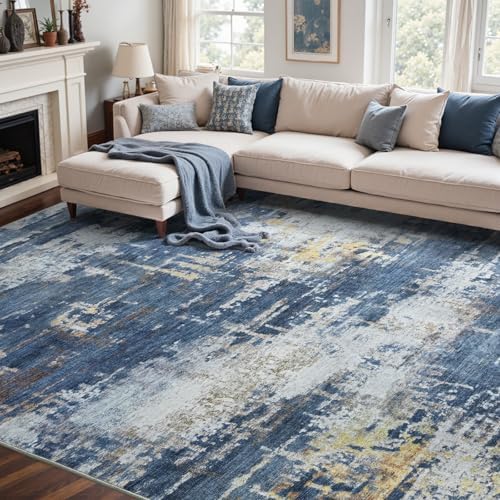 6x9 Ft Abstract Washable Area Rugs for Living Room Gold Blue - Image 2
