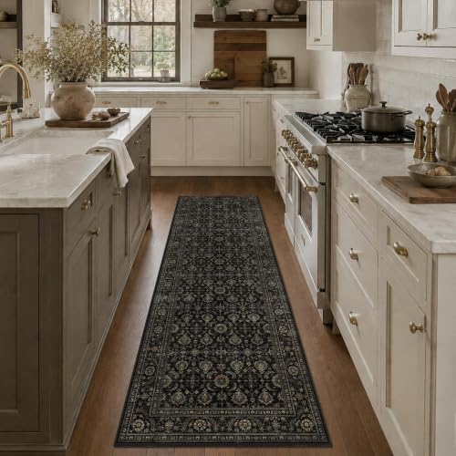 JOOJA 2'6"x8' Black Gold Vintage Boho Washable Soft Long Hallway Runner Rug by JOOJA