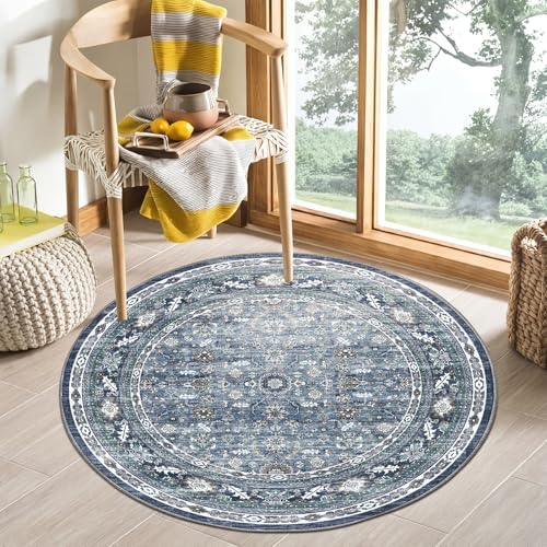 OPPODREAM Vintage Blue Area Rugs 3' Round, Washable Rug for Living Room by OPPODREAM