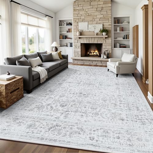 9x12 Area Rugs for Living Room, Washable Vintage Retro Floral Rug, Low Pile Non Slip Distressed Large Carpet for Bedroom, Dining Room, Office, Home (Grey) by Yarooge