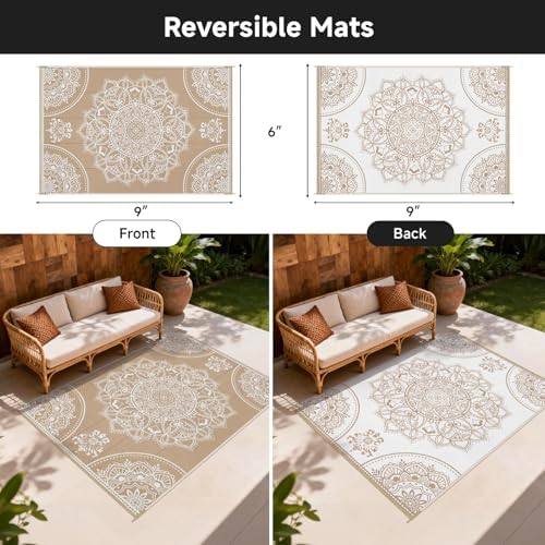 Pauwer Waterproof Outdoor Rug 6x9, Plastic Straw Patio Mat, Floral Brown - Image 2