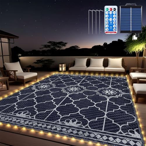 Lighted Outdoor Rug 8x10 ft, Solar Powered Patio Rug with 113 LED Lights, Waterproof Plastic Reversible Outdoor Straw Rugs, Rugs Mat for House Deck RV Camping Patio Beach Balcony Picnic (Blue White) by Capybland