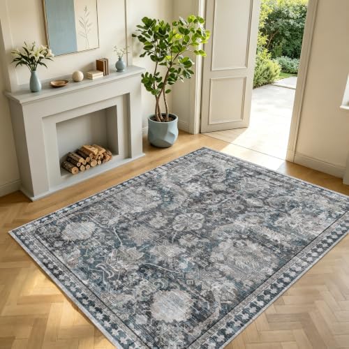 RUGSURE Washable Area Rugs - Perfect for Living Room, Bedroom, Kids Room, Nursery - Stain & Water Resistant Non-Slip, Pet & Child Friendly, Vintage Tribal Area Rugs (Grey and Blue, 5' x 7') - Image 4