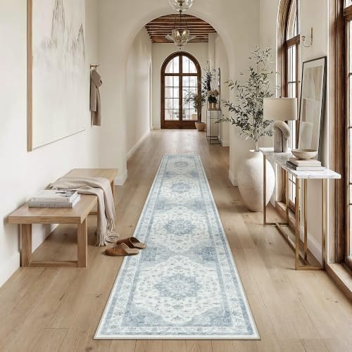 PureCozy Blue 2.6x14 Washable Runner Rug Hallway Vintage Oriental Carpet by PureCozy