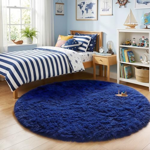 Amdrebio Navy Blue Large Fluffy Round Rug 7Ft for Living Room Boys Bedroom - Image 3