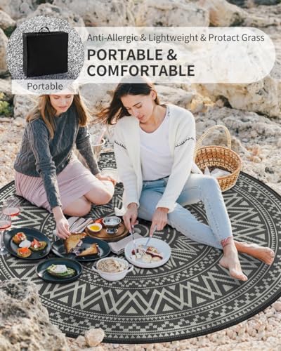 MontVoo Outdoor Rug Carpet Waterproof Round 8ft Outdoor Patio Rug Mat Reverisble Plastic Straw Outdoor Rug for RV Camping Picnic Beach Balcony Boho Grey - Image 6