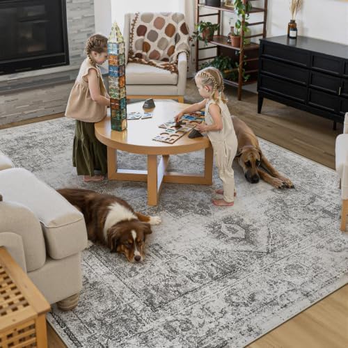 Area Rug 8x10 Vintage Rugs: Large Washable Indoor Medallion Rug Low Pile Distressed Floor Carpet Retro Accent Rugs for Living Room Bedroom Kitchen Dining Table Home Office(Grey, 8'x10') - Image 5