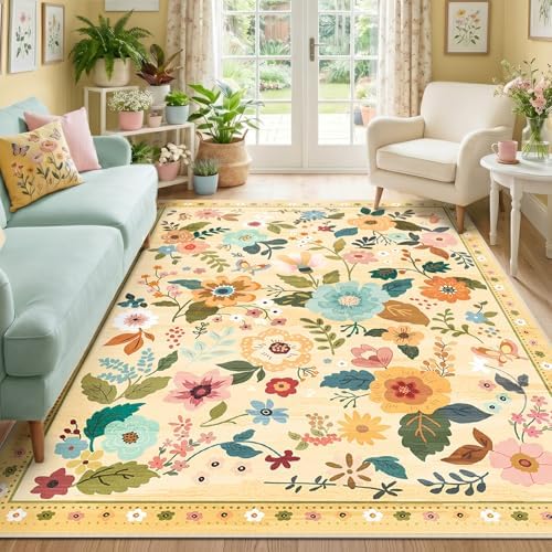RELEANY Floral Washable 5x7 Area Rugs Yellow/Orange by RELEANY