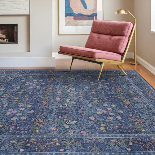 Dark Navy Blue Living Room Rug 5x7 Area Rug - Vintage Floral Forest Washable Mat for Dining Room, Bedroom, Low Pile Non Slip Stain Resistance Distressed Retro Indoor Boho Carpet - Image 3