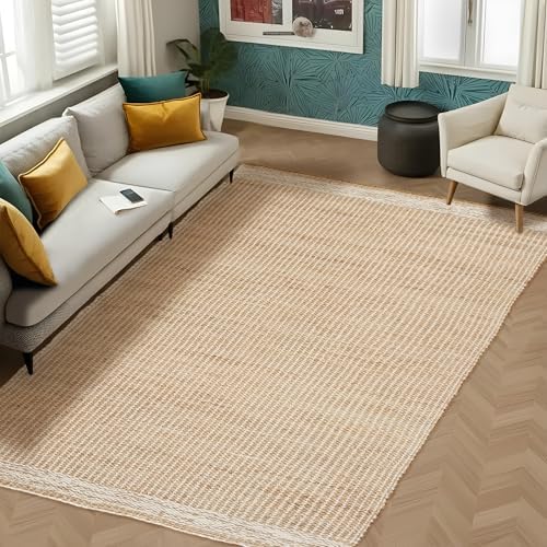 4' x 6' Jute & Wool Area Rug, Handwoven Mini Check with 4-Inch Border – Natural Farmhouse Living Room, Dining & Bedroom Rug, Neutral Flatweave Indoor Décor (4' x 6') by Unknown