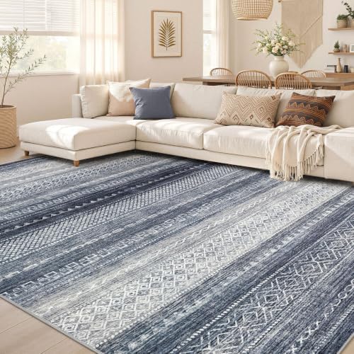 Nakagishi 12x15 Area Rug Living Room: Washable Boho Large Neutral Modern Soft Stain Resistant Farmhouse Indoor Floor Rug Non-Slip Carpet for Bedroom Nursery Kids Playroom Office Dining Room- Blue by NakagishiAreaRug