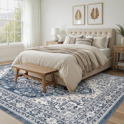 UERMEI 10x12 Area Rug for Living Room - Washable Vintage Carpet, Non-Slip Soft Large Indoor Floor Rugs for Bedroom Home Office & Under Dining Table Decor, Denim Blue/White - Image 5