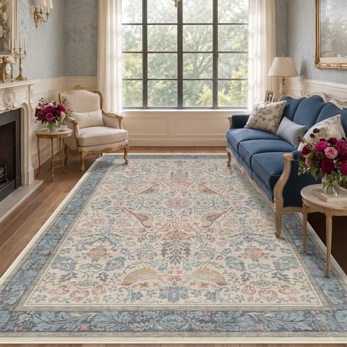 Vintage Elegant 6x9 Rug for Living Room - Washable Dining Room Rugs for Under Table, Low Pile Non-Slip Carpet for Bedroom - Intricate Plant Pattern & Boho Eclectic Red Blue Home Decor by HazoHaus