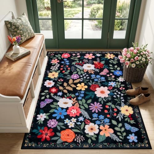 PLHXFR Area Rug Living Room: 3x5 Floral Washable Boho Soft Carpet Black by PLHXFRSoftAreaRugs
