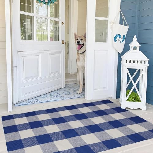 SEEKSEE Buffalo Plaid Outdoor Rug 27.5x43 Blue and White Front Door Mat, Layering Rug for Porch, Summer Doormat, Front Porch Rug for Outdoor Entrance Entryway Patio Porch Decor - Image 5