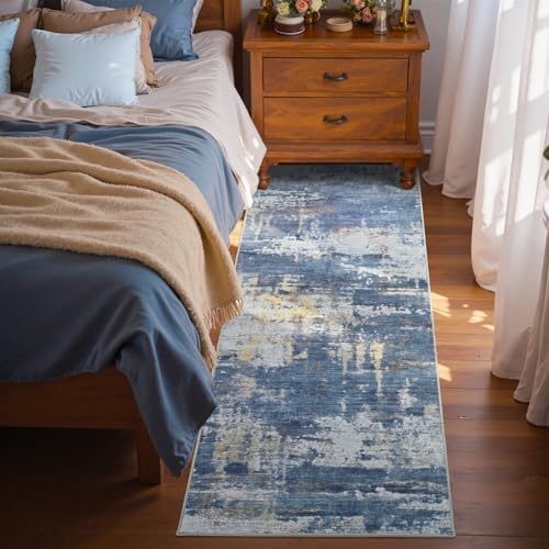 2x6 Ft Abstract Washable Runner Area Rugs for Hallway Gold Blue - Image 2