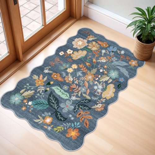 Washable Rug 2x3 for Entryway: Floral Scalloped Bathroom Rug Blue by BYYVOORugsforYourHome