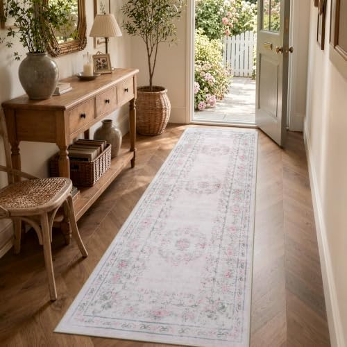 Wonnitar Pink Bow Runner Rug, 2'6" x 8' Washable Hallway Runner, Ultra-Thin Non Slip Soft Floral Carpet for Bedroom Nursery Entryway Corridor Laundry Decor, Light Pink by Wonnitar
