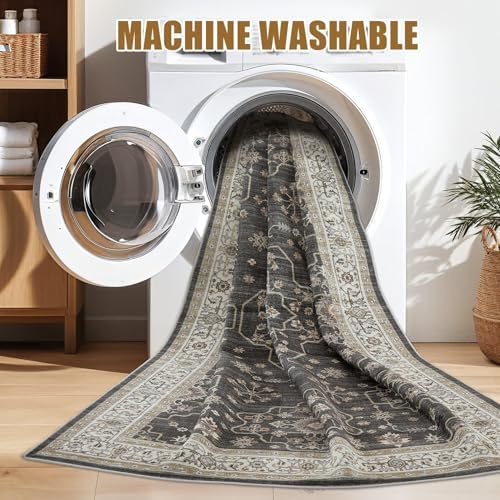 Area Rug for Living Room - 10x12 Soft Washable Oriental Vintage Floral Distressed Large Carpet - Fade Stain Resistant Non Slip Rugs for Bedroom Dining Room Nursery Dorm Office Home Decor - Black - Image 3