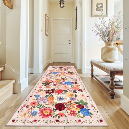 Blush Floral Hallway Runner Rug 3x7 for Bedroom Kitchen by WelcometoBabovid