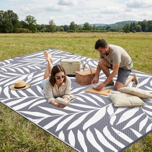 Smiry Outdoor Rug 8x10 ft Waterproof Reversible Leaf Mat, Grey & White - Image 4