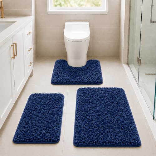 Indigo Blue Bathroom Rugs Non Slip Washable 3 Piece Extra Absorbent Shaggy Chenille and Mats Sets, Soft & Dry Bath Rug/Mat Sets for Carpets Set by RUNHELIX