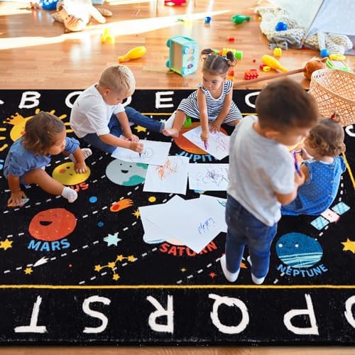Outer Space Kids Rug,6'7" x 9'2" ABC Alphabet Educational Kids Rugs for Playroom,Non Slip Solar System Galaxy Planets Playroom Rug,Washable Area Rug Carpet for Classroom Kid Room Decor(for Age 2+) - Image 7