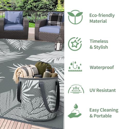 GENIMO Outdoor Rug 6' x 9' Waterproof for Patios Clearance, Reversible Plastic Straw Camping Carpet with Round Storage Bag, Large Area Rugs and Mats for RVs,Garden, Beach, Gray & White - Image 6