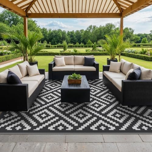 GENIMO Outdoor Rug, Waterproof Plastic Rugs 9'x12' for Camping Black White - Image 6