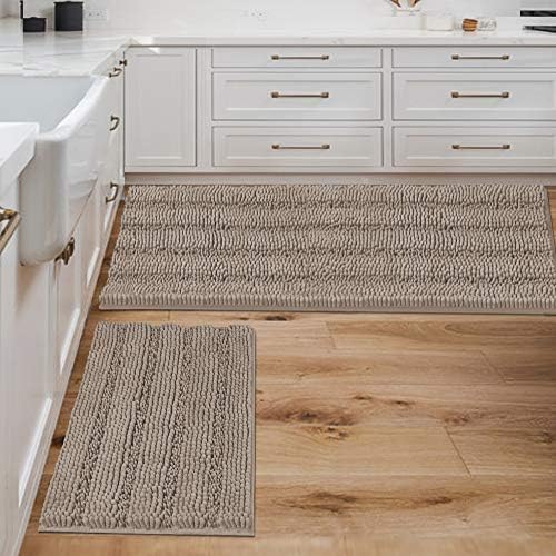 H.VERSAILTEX 2 Piece Bathroom Set - Super Absorbent Chenille Striped Bath Mats, Non Skid, Machine Washable (Taupe, 47 x 17 Plus 17 x 24 - Inches) by HVERSAILTEX
