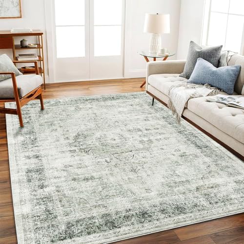 CHAMPLANT Area Rug 6'x9' Washable Floral Green Vintage Traditional Floor Cover Thin Retro Kitchen Indoor Distressed Non Slip Carpet for Living Room Bedroom Dining Room by CHAMPLANT