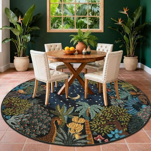GarveeHome Round Area Rugs 6ft for Bedroom, Green Jungle Washable Circle Rug Soft Non Slip Forest Animal Print Floor Mat Tiger Carpet Indoor Thin Rug for Living Room Dining Room Playroom Nursery by GarveeHome